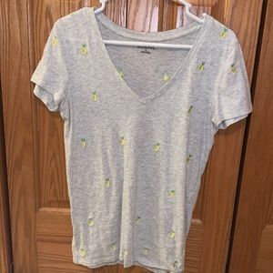 Light grey v neck t-shirt with embroidered lemons